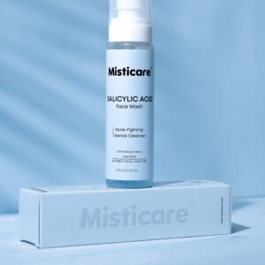 Elegant product shot of Misticare Salicylic Acid Face Wash with packaging on a blue background.